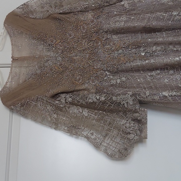 New Mac Duggal Sequin Lace Embroidery champagne colored A-line gown - Picture 6 of 7